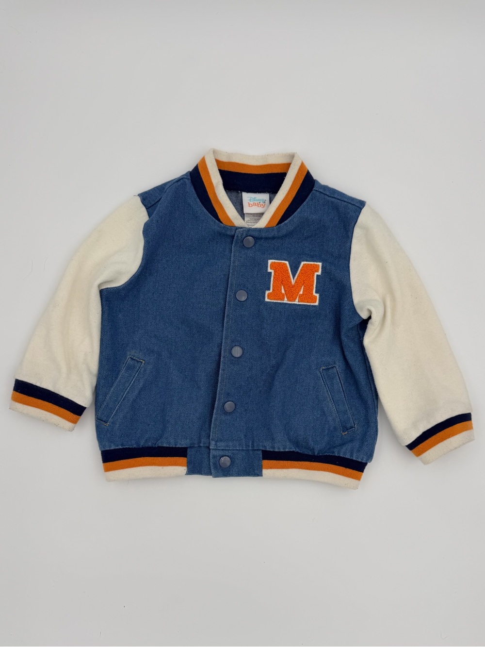 Disney Blue and Cream Varsity Jacket with Orange 'M' Patch